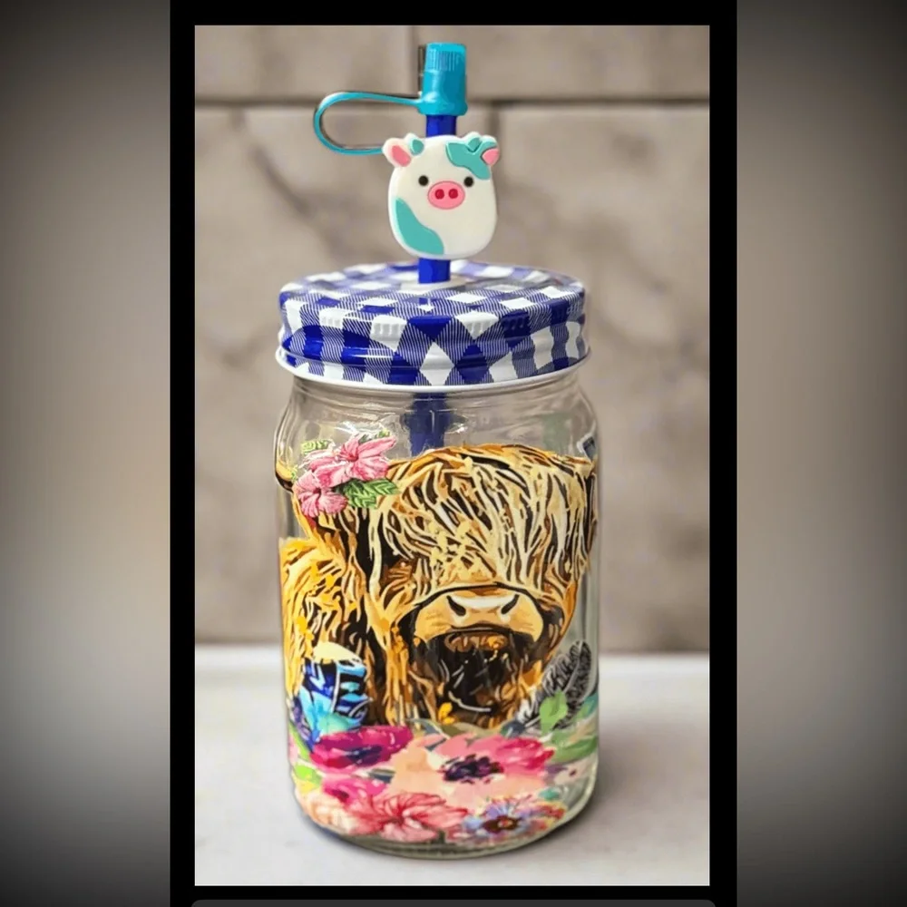 Handmade Cow and Letter M glass cup Blue Straw, straw lid‎ and straw charm